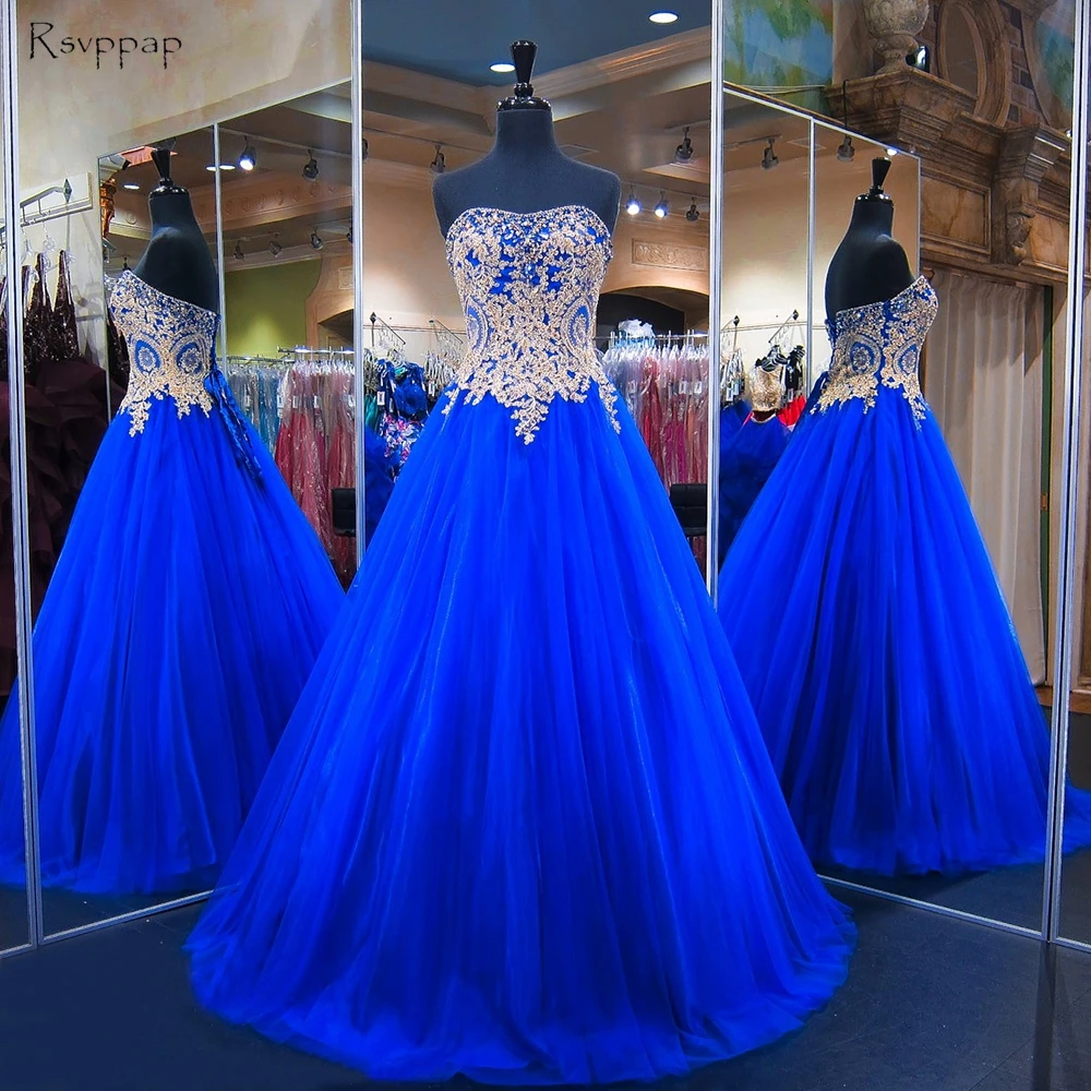 royal blue with gold prom dress