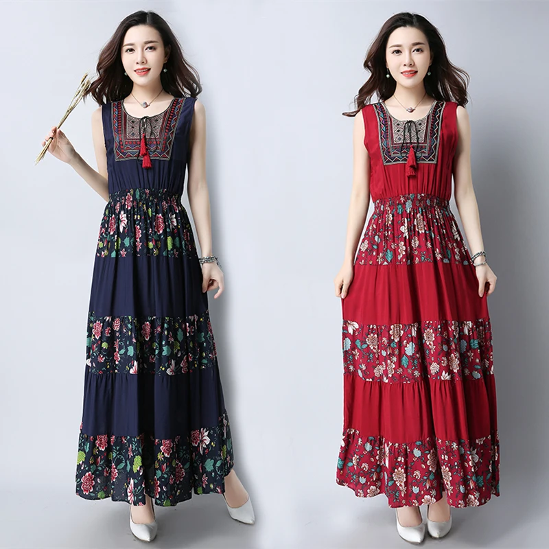 Women Dresses New  National wind Summer Women Dress Sleeveless embroidery One hundred wrinkle dress Women Casual Dress Large