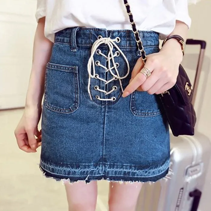 summer high waist jeans skirt strings lace up tassel ripped hem denim ...