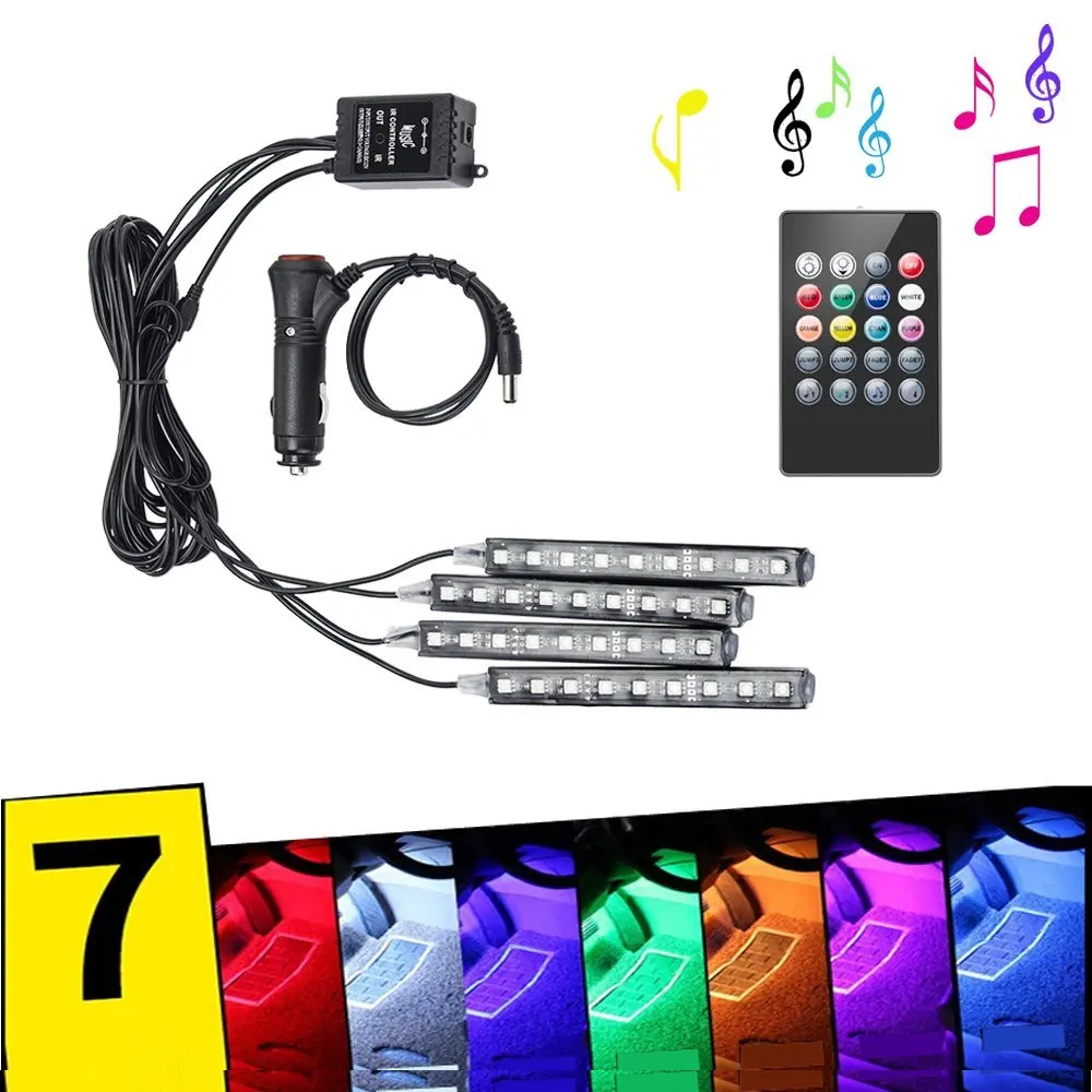 Wireless Remote Music Voice Control Colorful 9 LED Car Interior Light RGB Neon DC12V