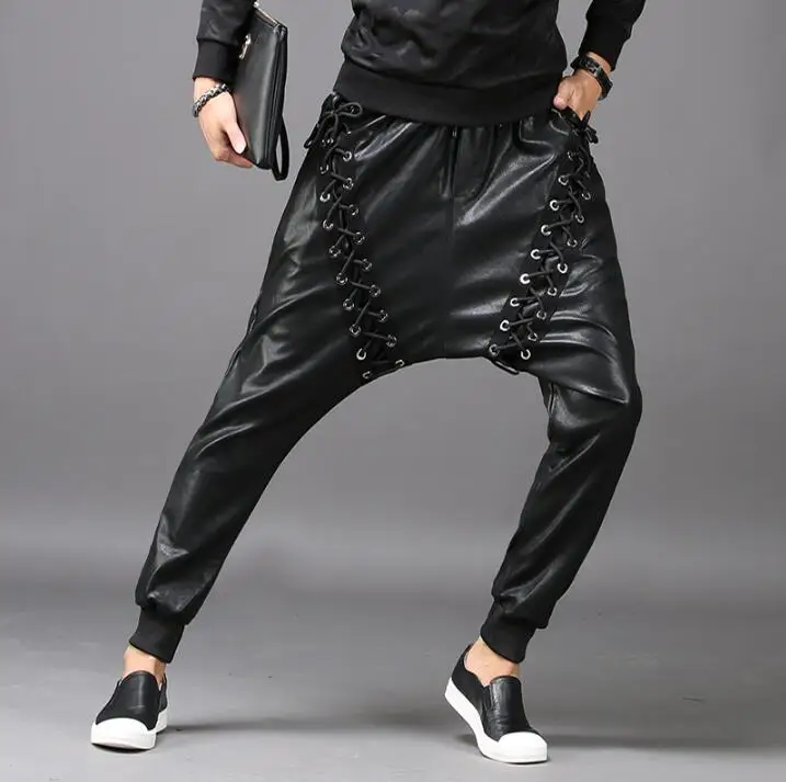 Черный Личность мода Slim штаны-шаровары Мужские Кожаные Брюки Хомбре Брюки-Карго Облегающие штаны для мужчин мужские панталоны
