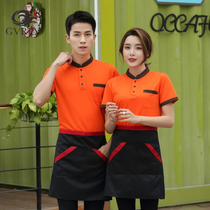 

Hotel Restaurant Cafe Waiter Short Sleeve Uniform Jacket Food Service Barber Chef Stand Collar Shirt Workwear Breathable Unisex