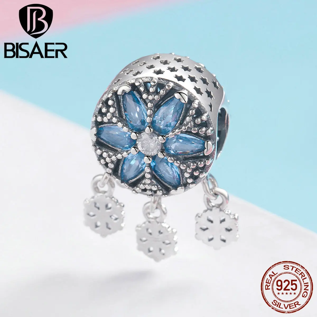 

BISAER 925 Sterling Silver Blue Stone Snowflake Round Metal Beads for Women Charm Snake Bracelet Female Gifts Cadeaux GXC1100
