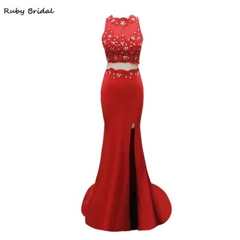 

Ruby Bridal Long Mermaid Red Spandex Appliques Beaded Evening Dresses Luxury Vestido De Festa Two Pieces Prom Party Gown L027