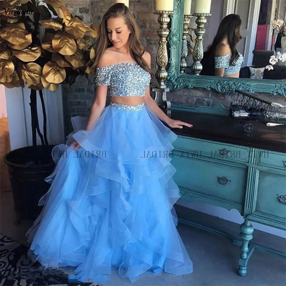 

Sky Blue Long Prom Dresses 2019 New Boat Neck Off The Shoulder Two Pieces Ruffles Skirt Plus Size Party Prom Dress Custom Made