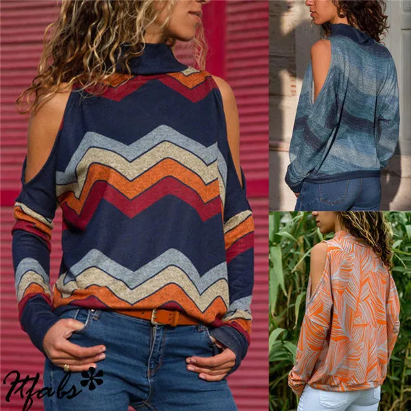 

Fashion US Women Cold Shoulder Turtle Neck Cut Out Long Sleeve Tee Tops Autumn Pop Boho Loose T Shirts