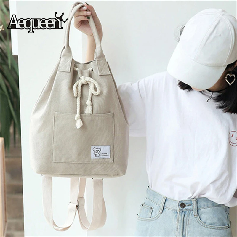 

AEQUEEN Women Canvas Bag Multifunction Handbags Female Shoulder Bags Printing Dual Bucket Bag Drawstring Handle Bolsos Mujor