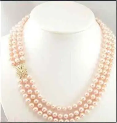 

triple strandsAAA 7-8mm Real Australian south sea pink pearl necklace 17-19"14K