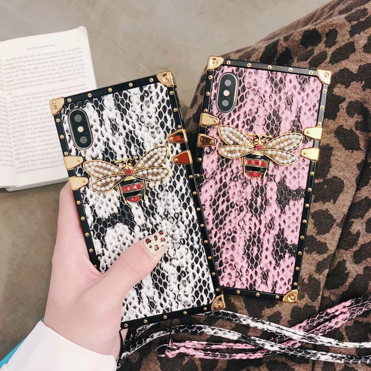 

Luxury metal bee snake skin phone case for iPhone 8 7 6 6s Plus X with lanyard for iPhoneXS XR XS MAX phone case