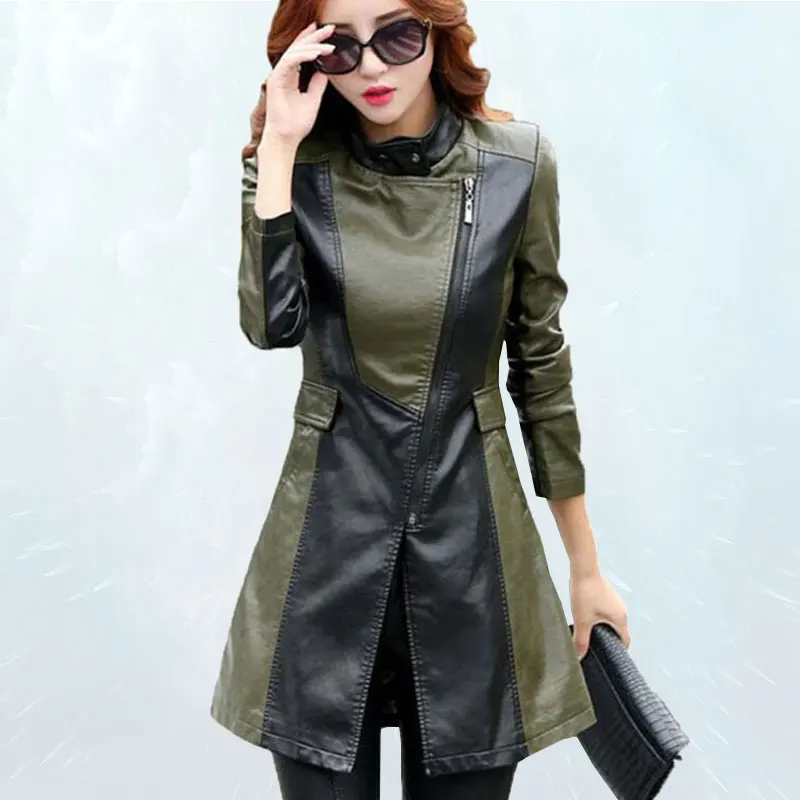 Spring Autumn Leather Coat Women New 2019 Leather Jacket Splice