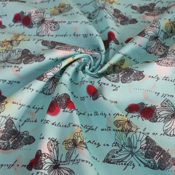 

100cm*145cm Blue cotton print fabrics Butterfly words pattern cotton sateen textile