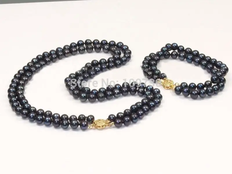 

Jewelry 00733 SET OF DOUBLE STRANDS 9-10MM TAHITIAN BLACK PEARL NECKLACE BRACELET hot