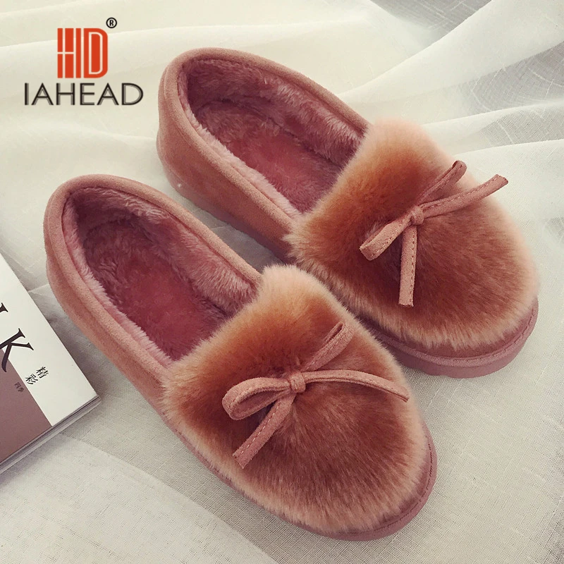 Iahead Брендовая женская зимняя обувь теплые из флока на плоской подошве тапочки