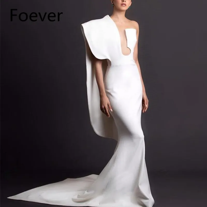 

Elegant Mermaid White Evening Dress 2019 Vestido de fiesta Special Design One Shoulder Lady Prom Party Gowns