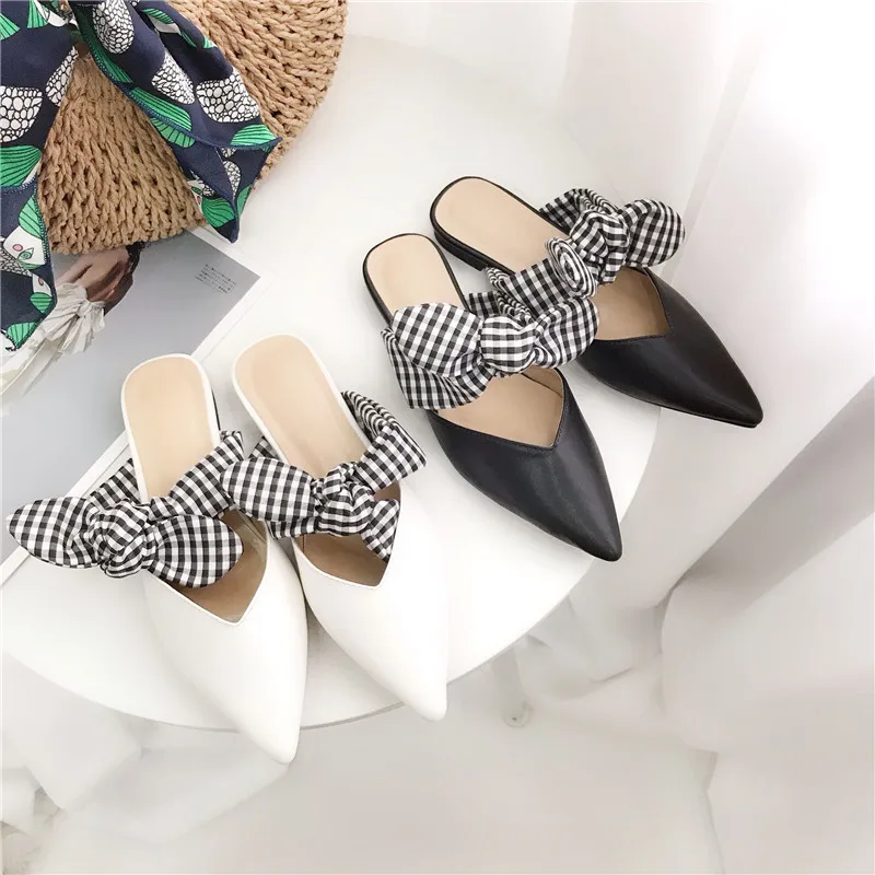 

Shoes Woman bow knot Mules low heels Slippers fashion pointed toe Slides leather Slip on loafers white black zapatos mujer