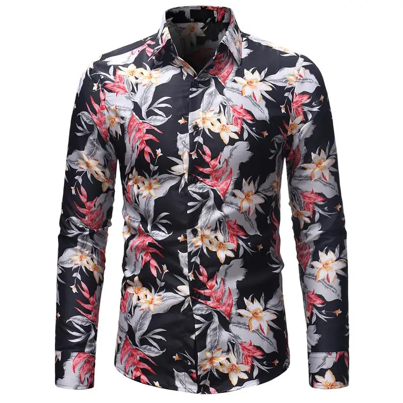 

Hawaiian Shirt Male Flower Digital Print Floral Men's Shirt Blouse Men Camisa masculina Casual Slim Long-sleeved