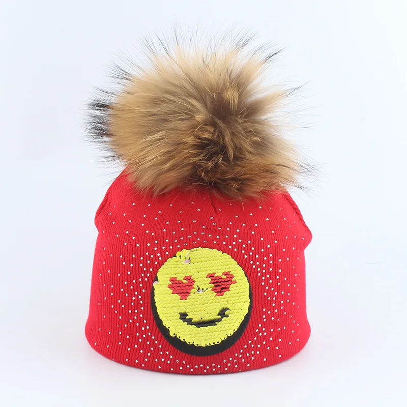 Kid Girl Boy Winter Knit Hat Autumn Beanie Real Raccoon Fur Pom Pom Warm Cotton Brim Casual Smile Bling Outdoor Skiing Accessory (4)