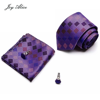 

Joy alice neckties Custom Brand Men Ties Purple Checked Necktie Sets Cufflinks Hankies with luxury packing