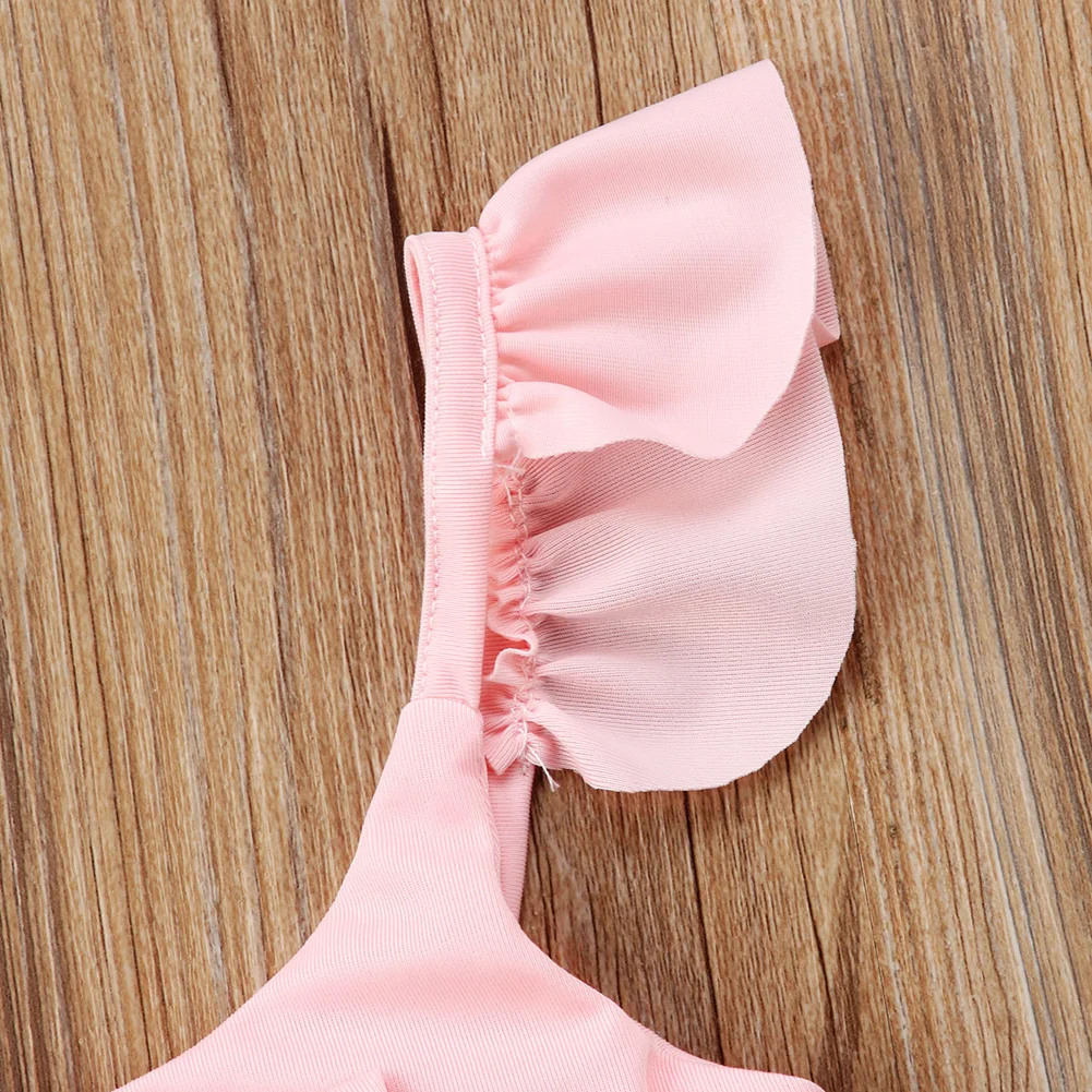 Розовый цельный купальник-бикини для маленьких девочек, монокини, летняя одежда для купания, купальный костюм с бантом и оборками, купальный костюм