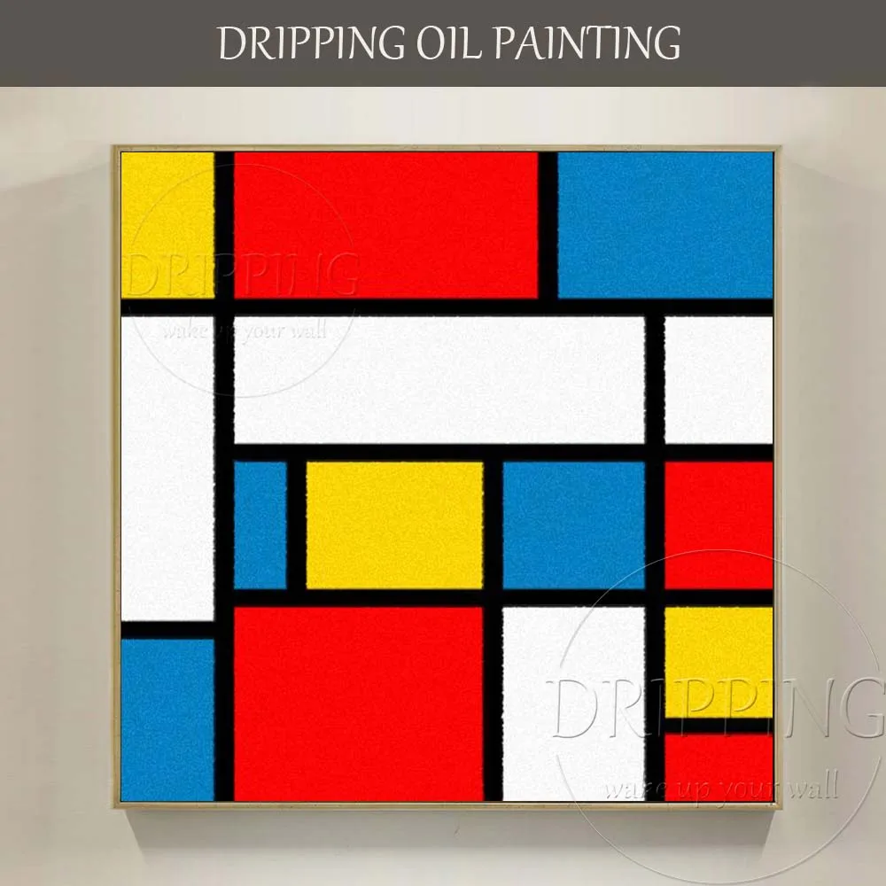 

Artist Hand-painted Colorful Geometry Oil Painting on Canvas Hand-painted Piet Cornelies Mondrian Oil Painting for Living Room