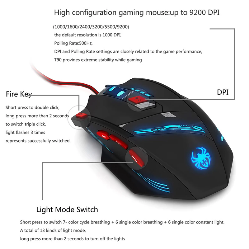 Зелот T-90 8 ключ 9200 Точек на дюйм Проводная Оптическая USB Pro Gaming Мышь 13 Светло-режим