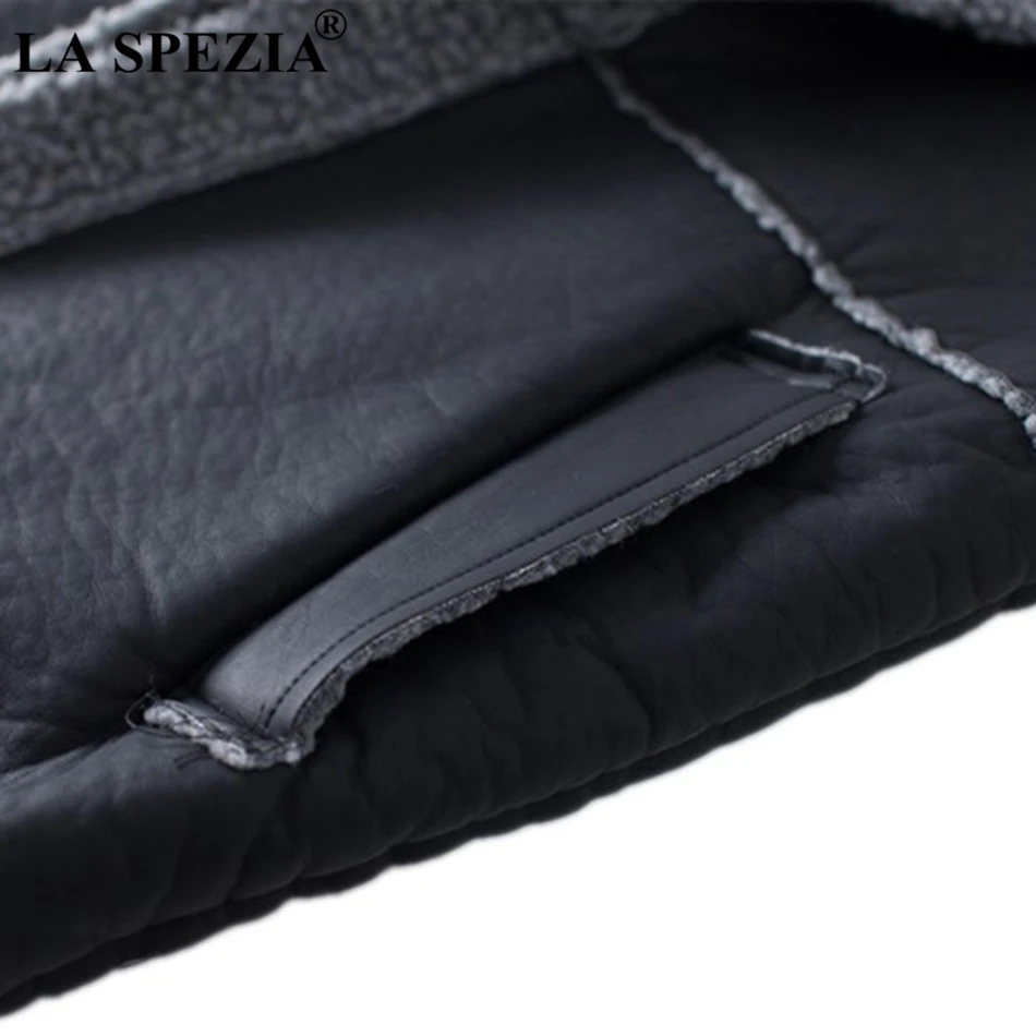 LA SPEZIA Women Long Waistcoat Vest Winter Gray Female Faux Leather Warm Lambswool Fashion Ladies Sleeveless Jackets Black 2019
