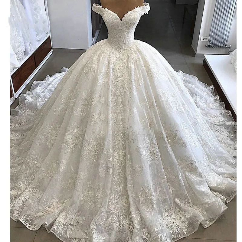 Vestido de Noiva Gorgeous Wedding Dresses 2021 Puffy Cap Sleeve Ball Gown Arabic pearl Lace applique Bridal | Свадьбы и торжества