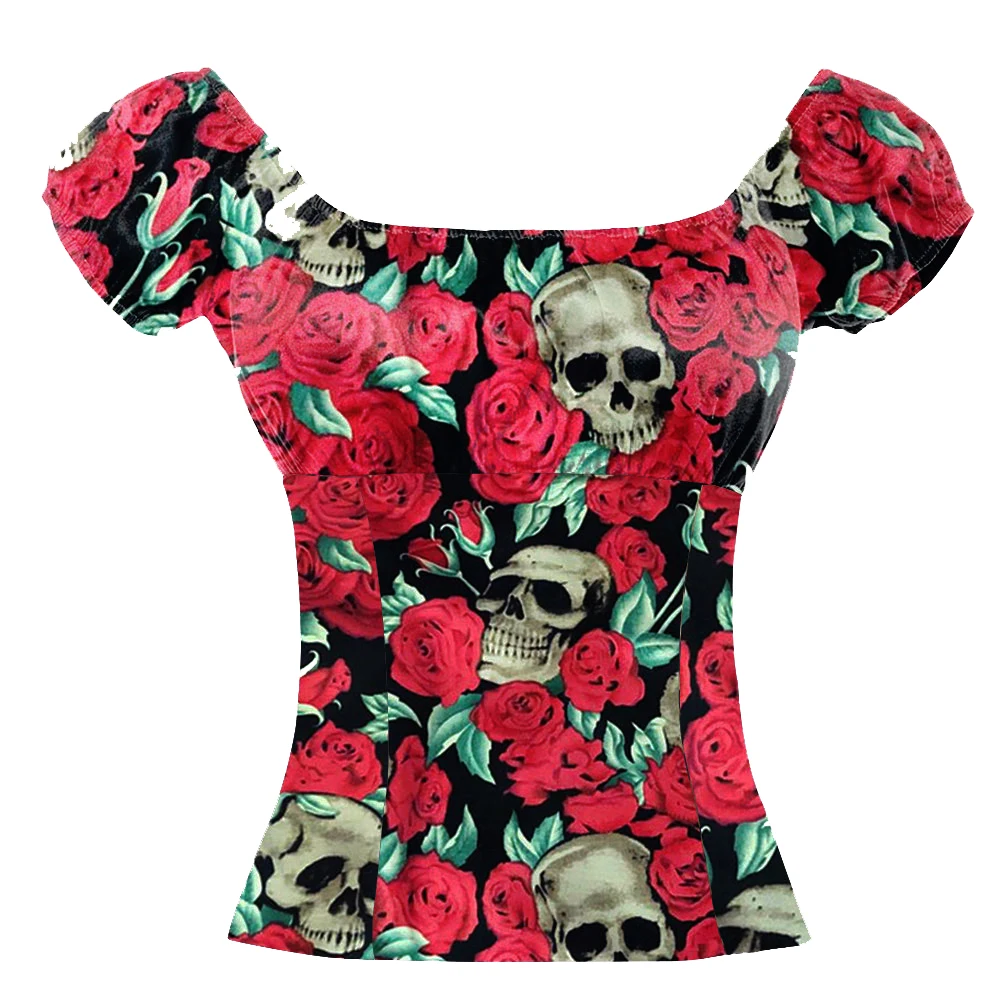 

New Woman Shirt Floral Skull Print Junior Tops Punk Street Style Lady Shirt Short Sleeve Female Peasant Pin Up Clothing