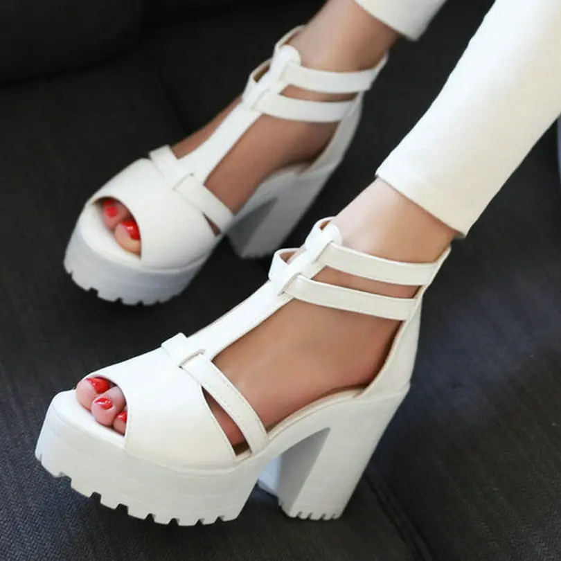 Plus Size 11 12 Punk Style Ladies Zipper Wedding Shoes T-strap Peep Toe Summer Platform Women Shoe Square High Heel Woman Pumps | Обувь