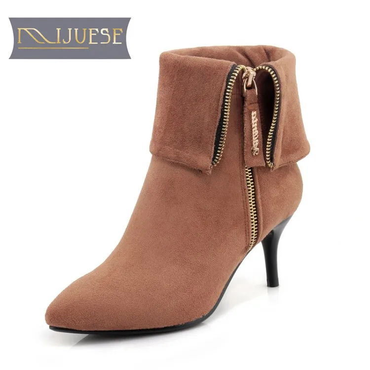 

MLJUESE 2018 women ankle boots Flock autumn winter zippers pointed toe thin heel riding boots women size 32-42 socks boots