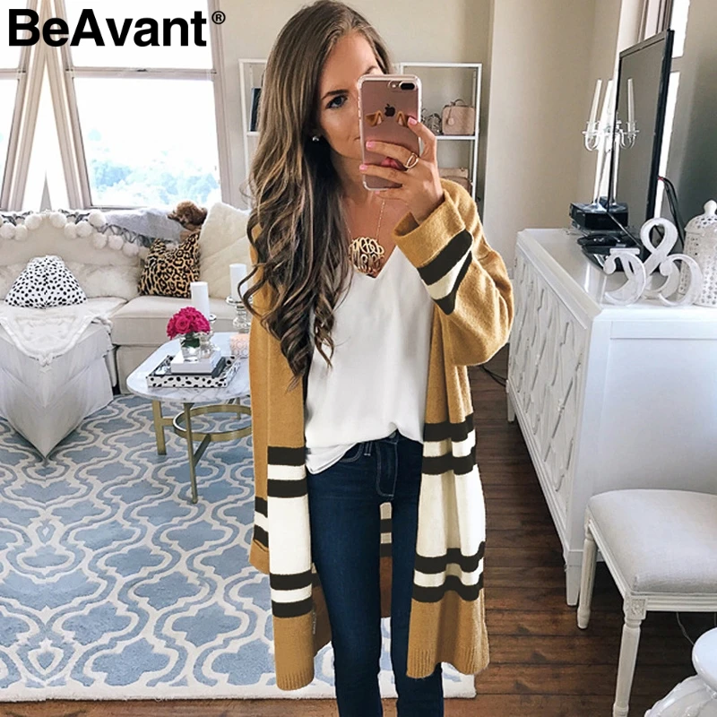 BeAvant V шеи вязаный полосатый кардиган Женщины контрастного цвета свободные