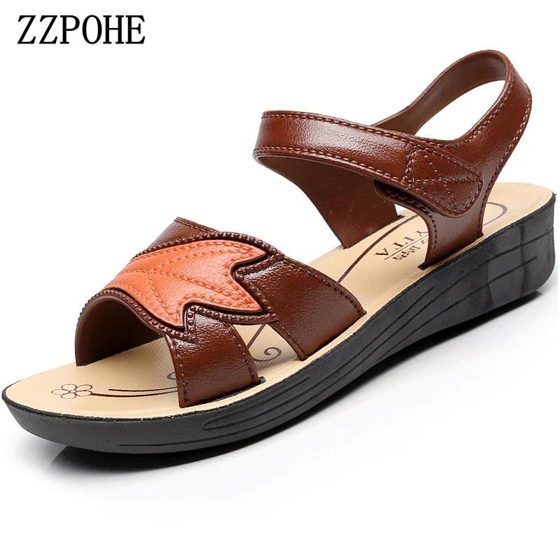 

ZZPOHE summer women shoes mother soft leather large size flat sandals middle-aged casual comfortable wedges female shoes