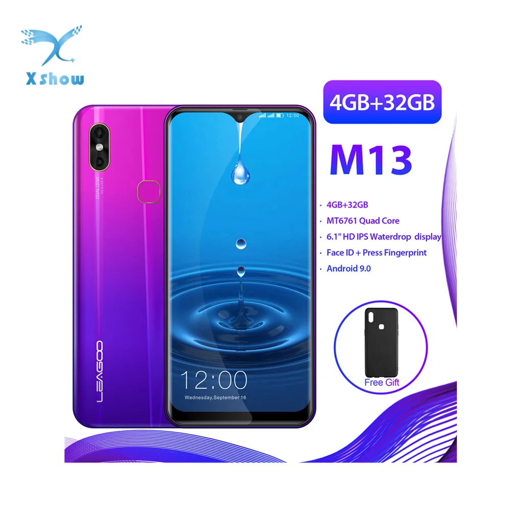 LEAGOO M13 Android 9.0 19:9 6.1" Waterdrop Smartphone 4GB RAM 32GB ROM MT6761 Quad Core Fingerprint Face ID 4G Mobile Phone