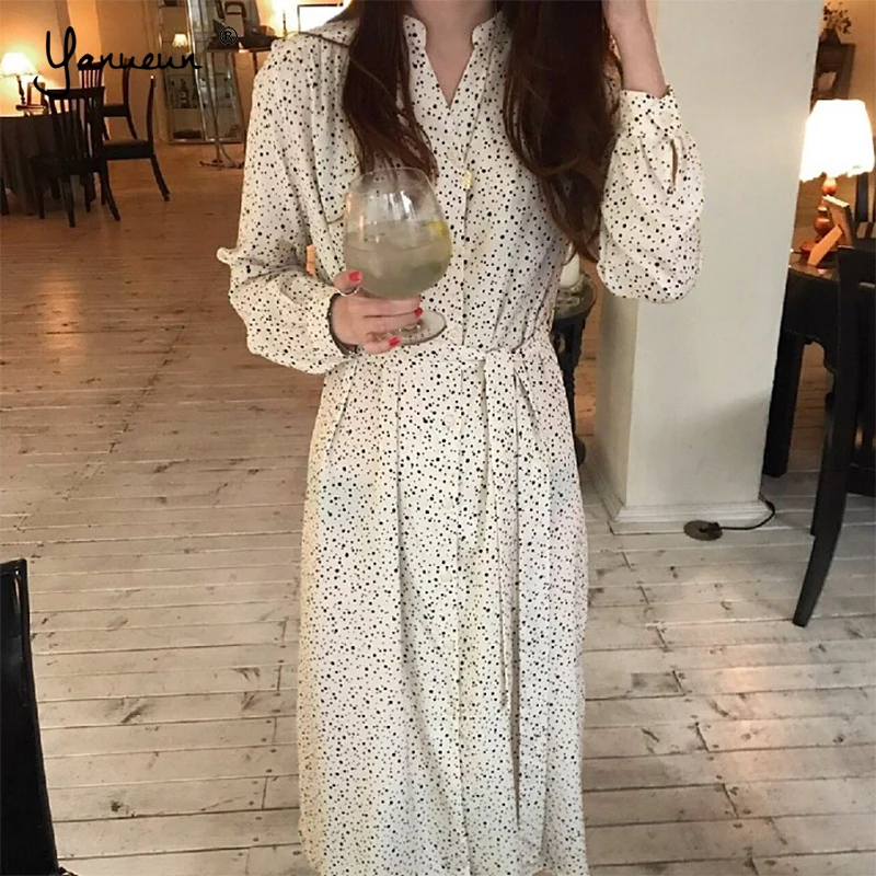 

Yanueun 2019 Spring Summer Hot Stylish Dot Print Stand Collar Midi Calf Dress Sashes Button Women Streetwear Dress Hot Sale