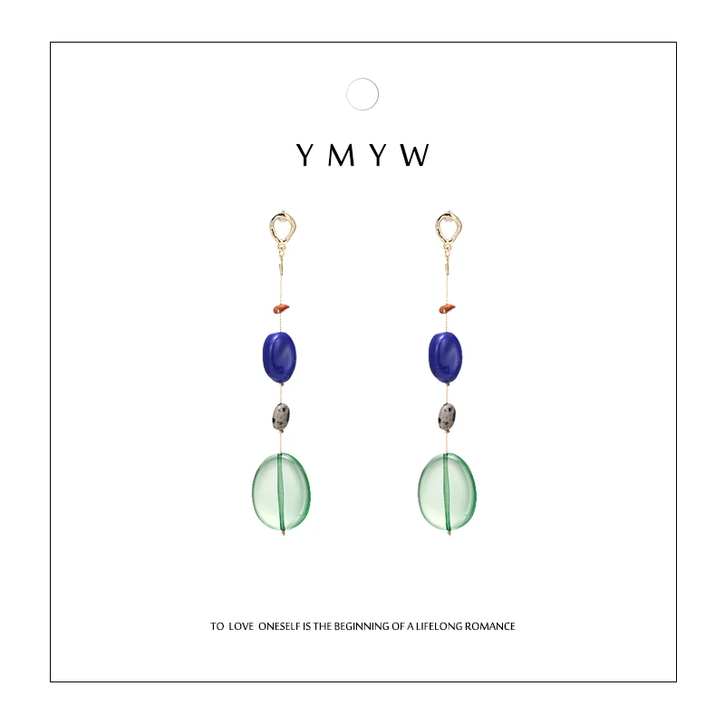 

YMYW 2019 New Fashion ZA Resin Acrylic Natural Stone Long Pendant Drop Earrings Charm 16 k Plated Gold Copper Earrings for Women