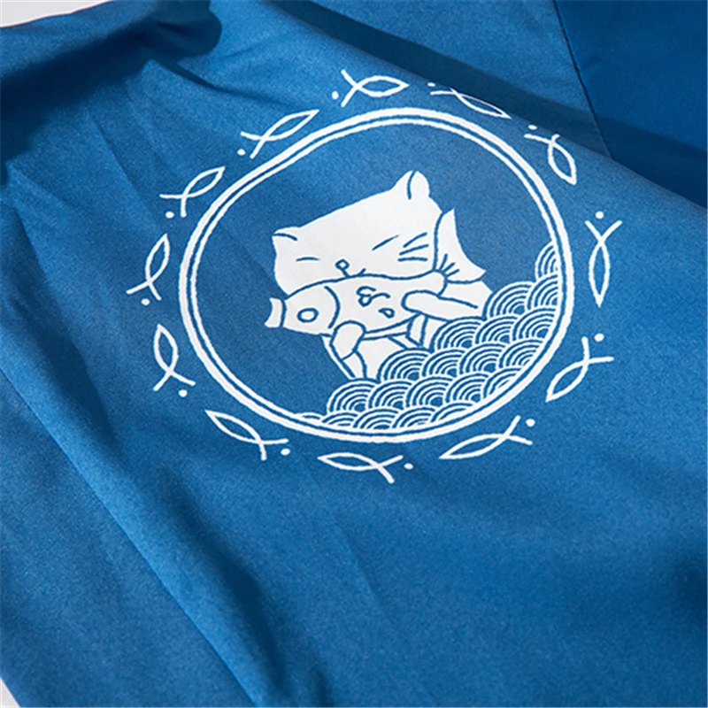Bebovizi Japan Style Cat Printed Thin Kimono Men Japanese Streetwear Blue Jackets Casual Outerwear 2019