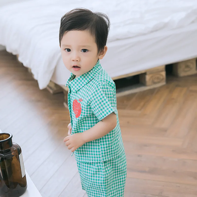 Летняя пижама из хлопка для детей 0-3 лет одежда для отдыха для малышей одежда для сна для маленьких девочек Детский костюм с короткими рукавами высокого качества для маленьких мальчиков - Цвет: Зеленый