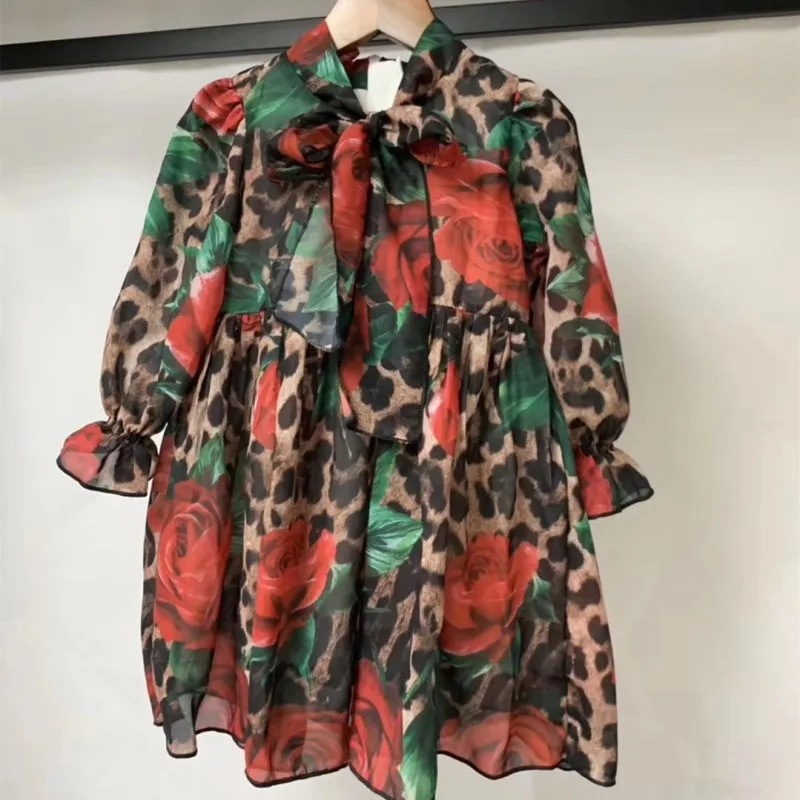 

2019 NEW Autumn Red Rose Leopard Printed Baby Girls Dress Party Boutique Puff Sleeve Chifon Dress for Girl Bow Dress