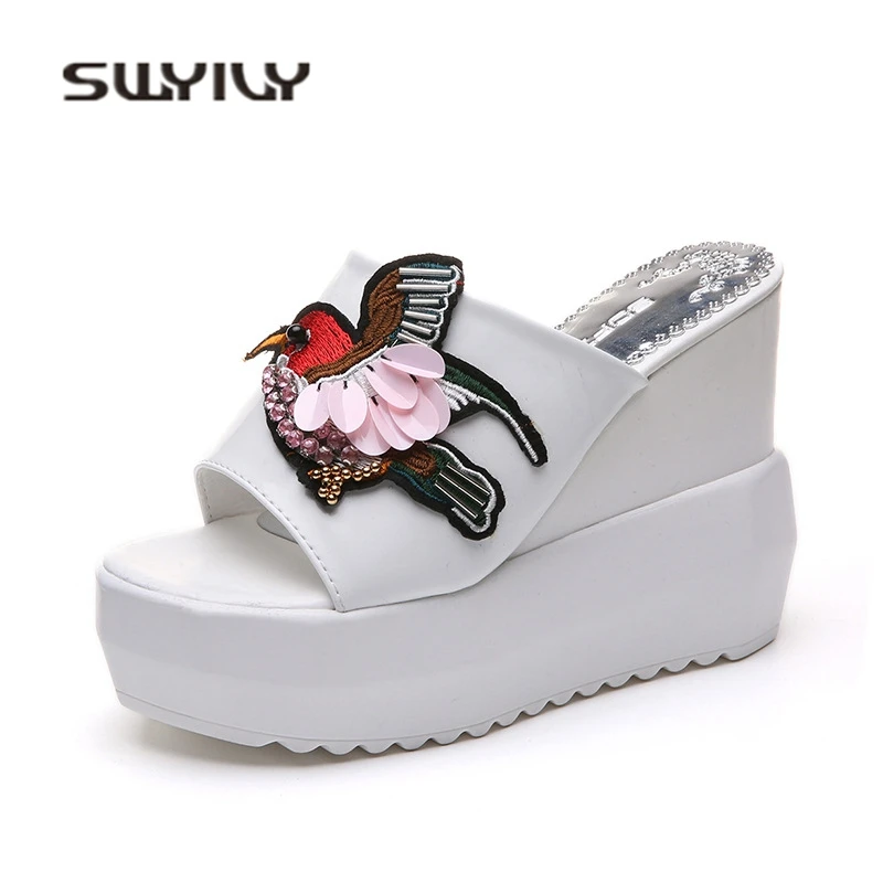 SWYIVY Womens Slipers Platform Wedge Heel 2018 Summer 13 Cm High Woman Slides Thick Bottom Woman Summer Casual Shoes Bird Nice
