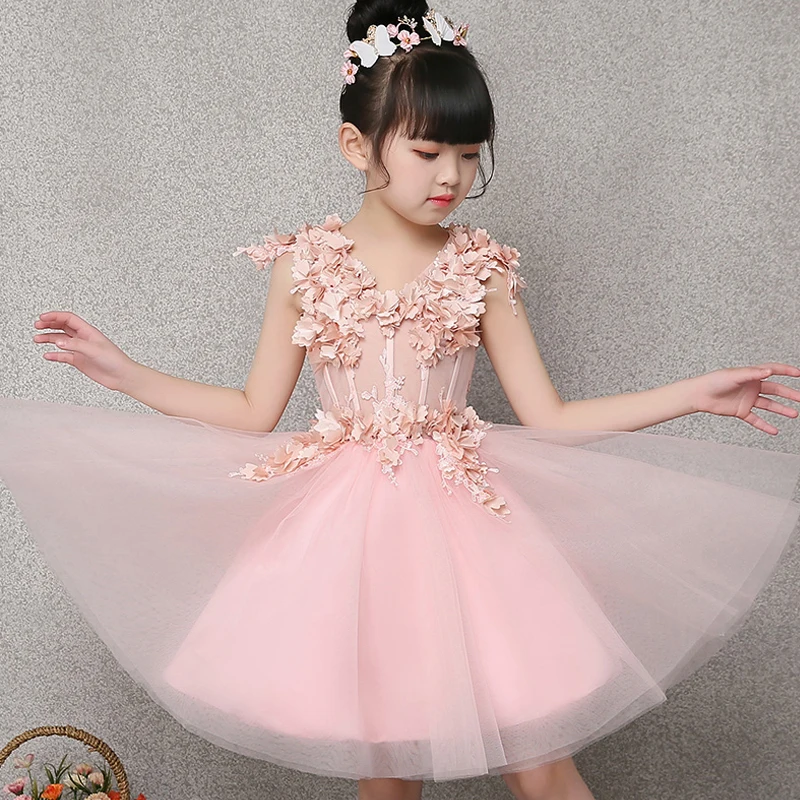 Flower Girl Dress Appliques Pink Ball Gown Evening Party Dresses Kids ...