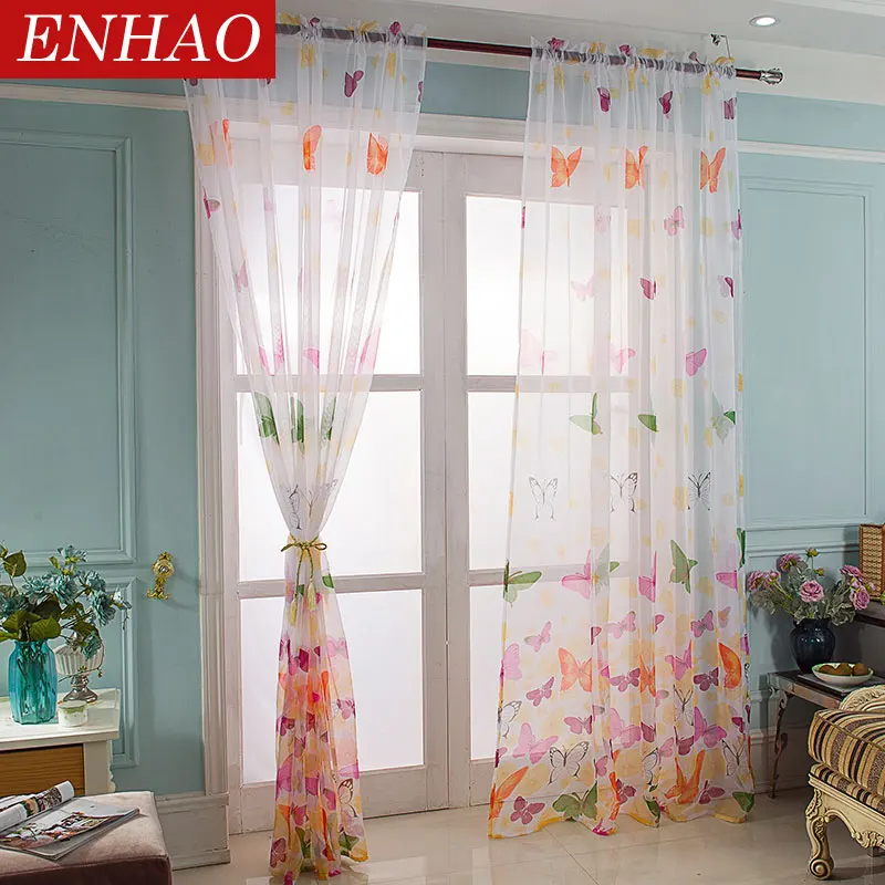 ENHAO Шторы "Бабочки", тюль, оконная Штора для гостиной, шторы для спальни, кухни, сплошная вуаль с принтом, занавески, домашний декор
