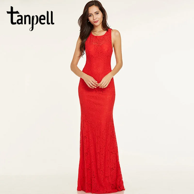

Tanpell criss-cross straps evening dress hunter scoop sleeveless lace straight floor length gown cheap women formal evening gown