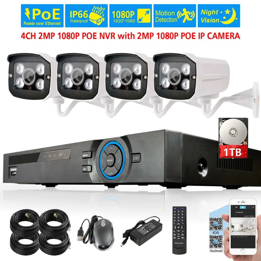 2MP безопасности Камера Системы 4Ch PoE NVR с 4 шт. 1920*1080 2mp * массив ONVIF POE IP камера 4CH CCTV