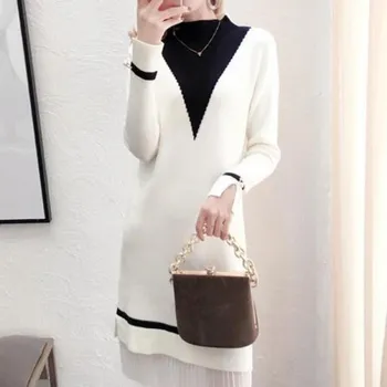 

2019 Spring Autumn Winter Women Puliovers Sweater Dress Female Casual Patchwork O-Neck Loose Kintted Dresses Korea Style H06