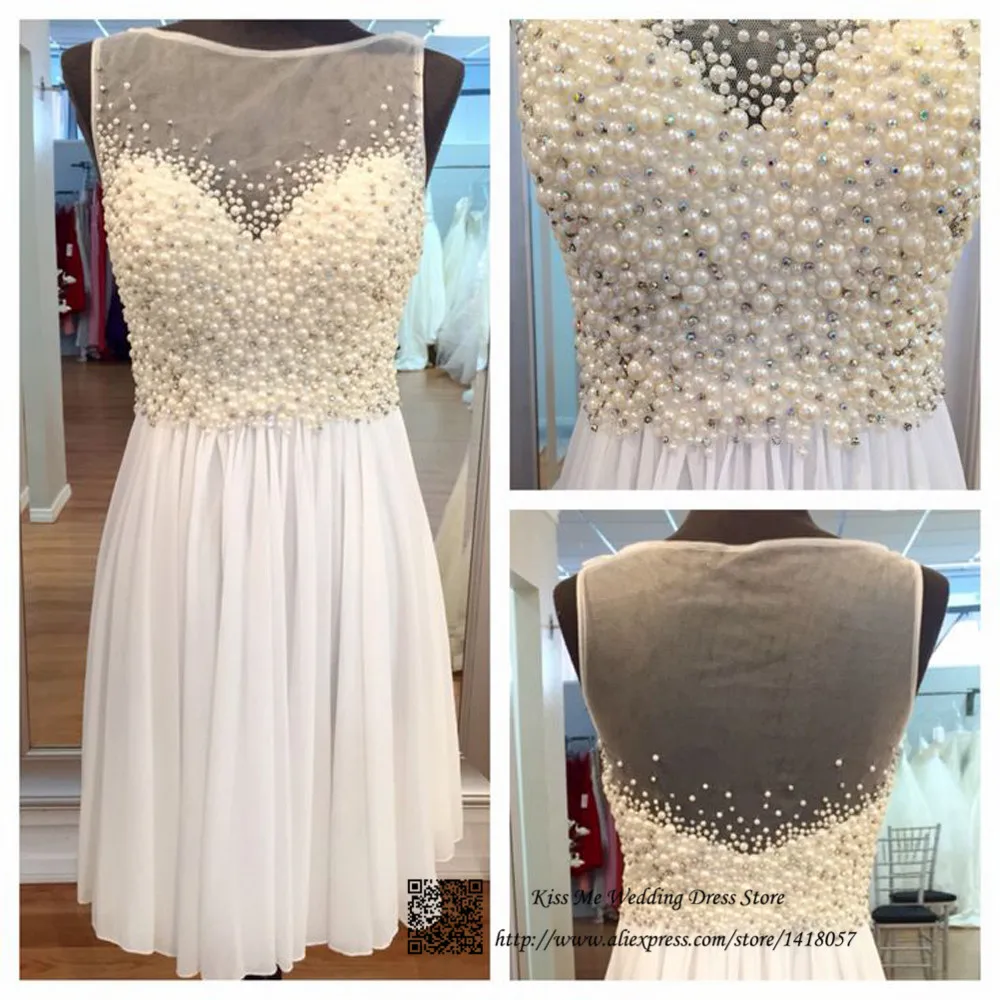 

Luxury Modest Short White Prom Dress Pearls Beaded Summer 2015 Homecoming Dresses Vestidos de Graduacion Chiffon Galajurken