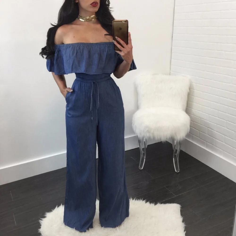 Denim Jumpsuits Women Wide Leg Rompers Womens Cowboy Jumpsuits Elegant