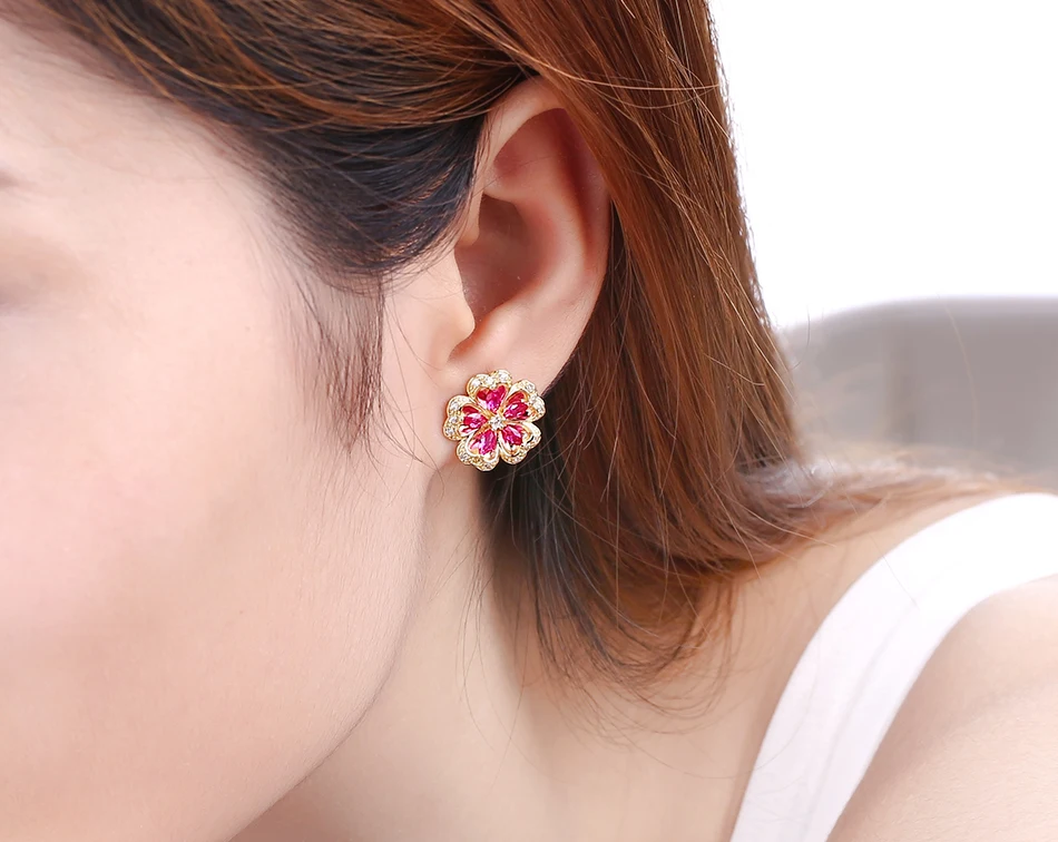 ALLNOEL Ruby Flower Stud Earrings For Women Real 925 Sterling Silver Gemstone Red Corundum Jewelry Ear Stud Customized Jewelry   (8)