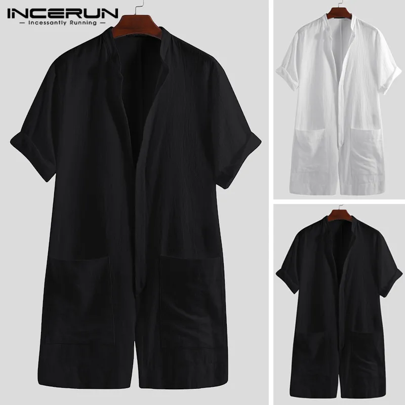 

INCERUN Summer Casual Bib Pants Button European Front Pockets Rompers 2019 Solid Color American Men's V-neck Streetwear Jumpsuit