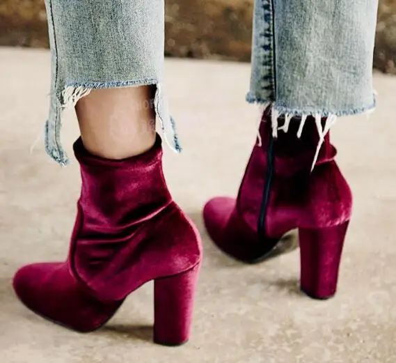 

Spring newest round toe thick heels woman boots wine red velvet high heel boots sexy runway ankle boots free ship