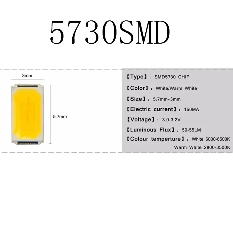 Новинка 100 шт. Epistar SMD 5730/2835 Чип светодиодный светильник 40-55 лм светодиодный светильник с диодом для светодиодной ленты Точечный светильник, внутренняя лампа - Испускаемый цвет: 5730SMD